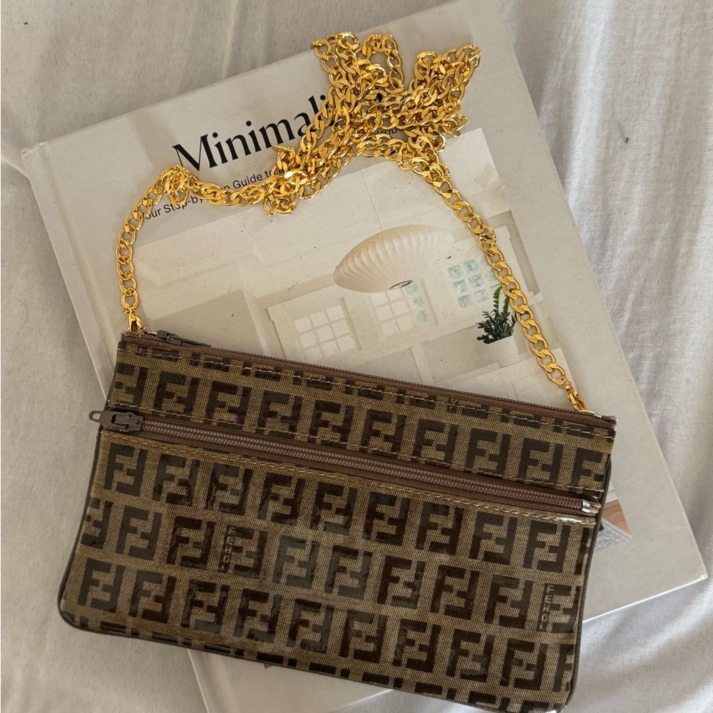 Authentic Fendi Monogram Brown Clutch with Gold Chain